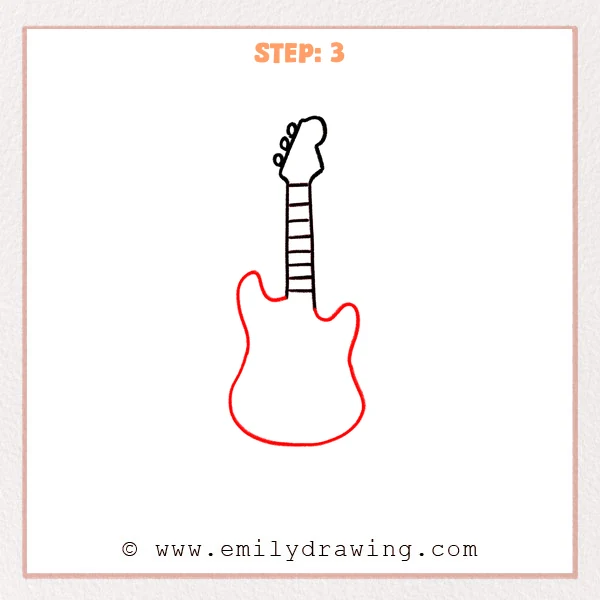 how to draw an electric guitar - Step 3 of an easy electric guitar drawing adds the full body outline connected to the neck, creating a double-cut electric guitar shape.